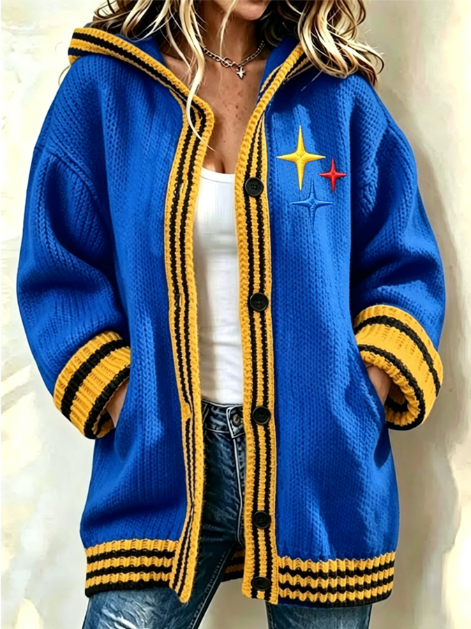Women'S Football Printed Casual Knitted Hooded Cardigan