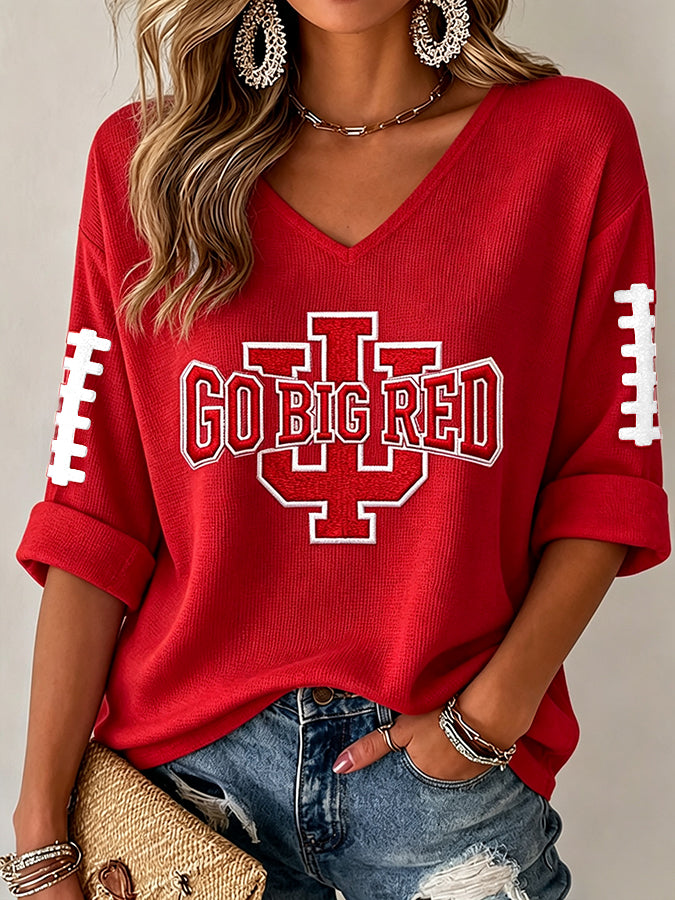 Women'S Hometown Football Team Patterned Waffle V-Neck Top