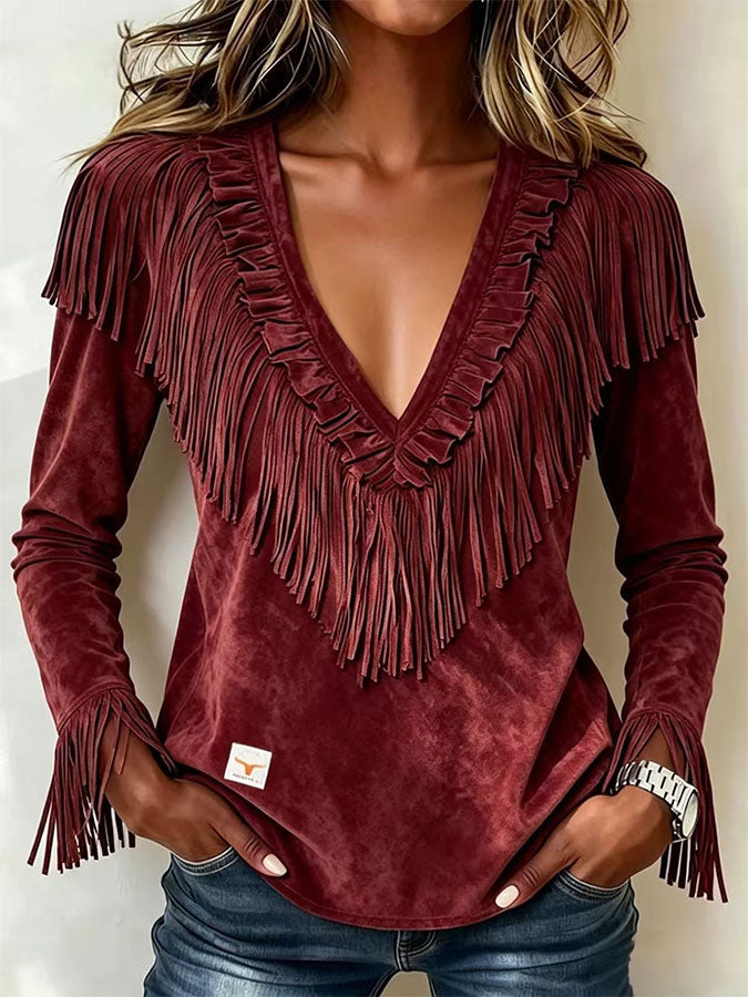 Women'S Casual Tassel Suede Autumn And Winter V-Neck Slim Fit Top