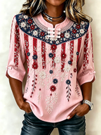 Women's National Flag Floral Print Cotton Linen Top
