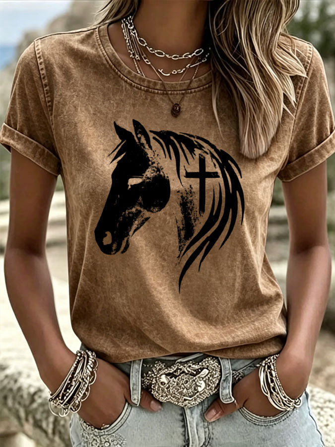 Women's Horse Head Cross Printed Casual T-Shirt