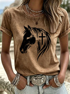 Women's Horse Head Cross Printed Casual T-Shirt
