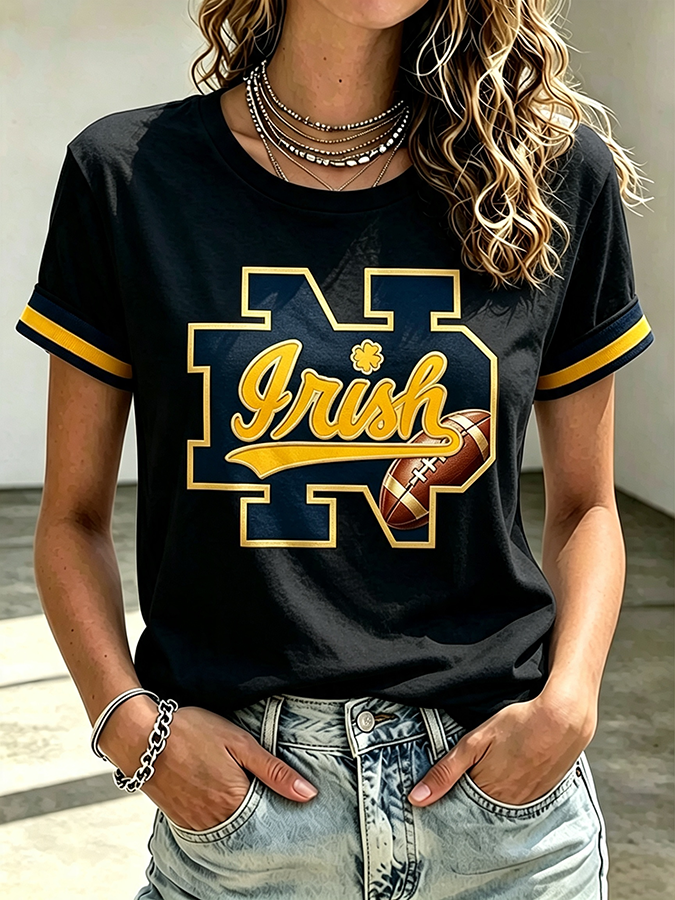 Women'S Rugby Printed Round Neck Short Sleeved T-Shirt