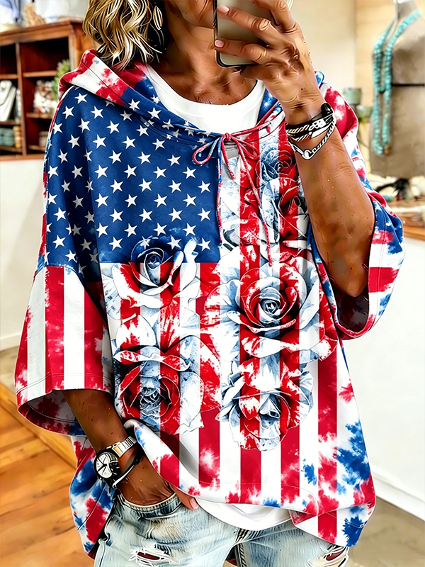 Women's Vintage USA Flag Rose Print Casual Short Sleeve Hoodie