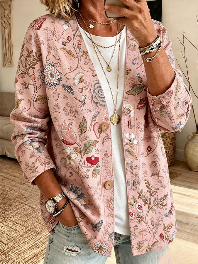 Women'S Casual Pink Floral Cardigan Top
