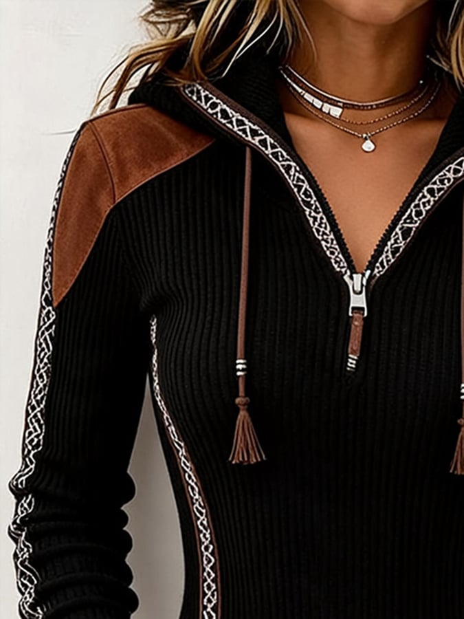 Women's Retro Patchwork Print Hooded Sweatshirt