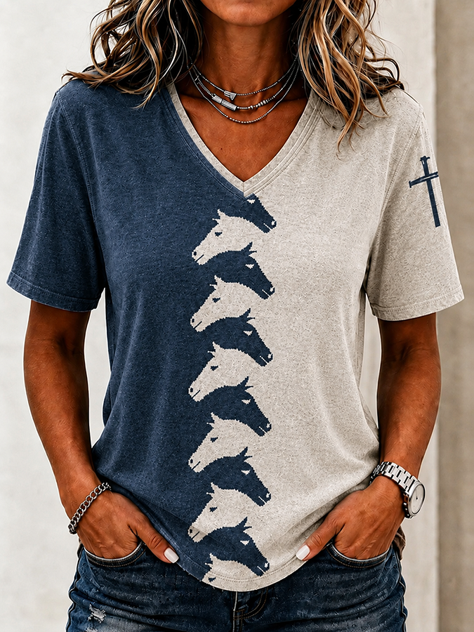 Women's Western Style Cross Print Casual V-Neck T-Shirt
