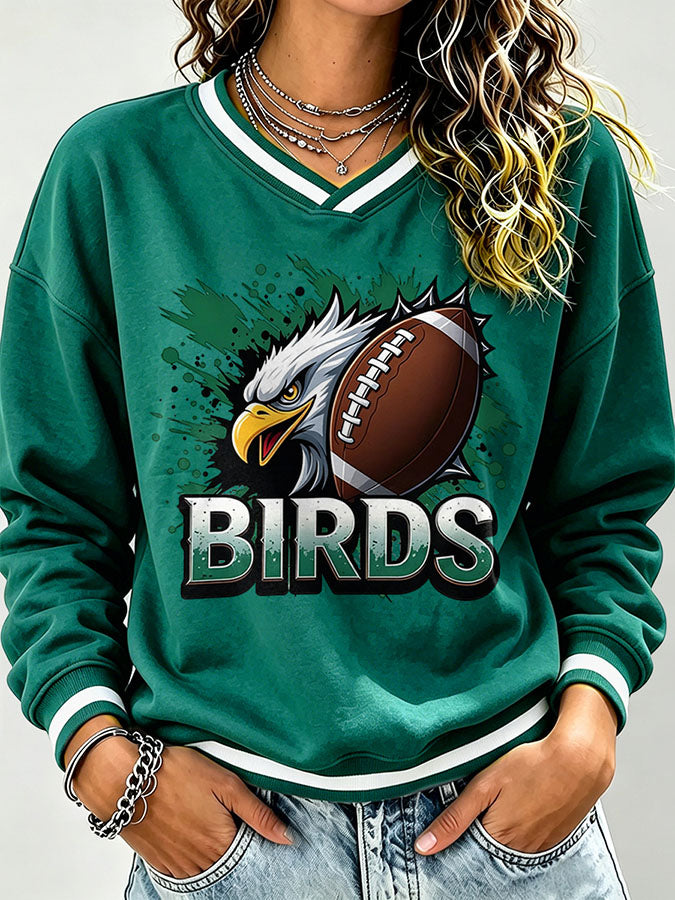 Women's Football Print V-Neck Color Block Sweatshirt