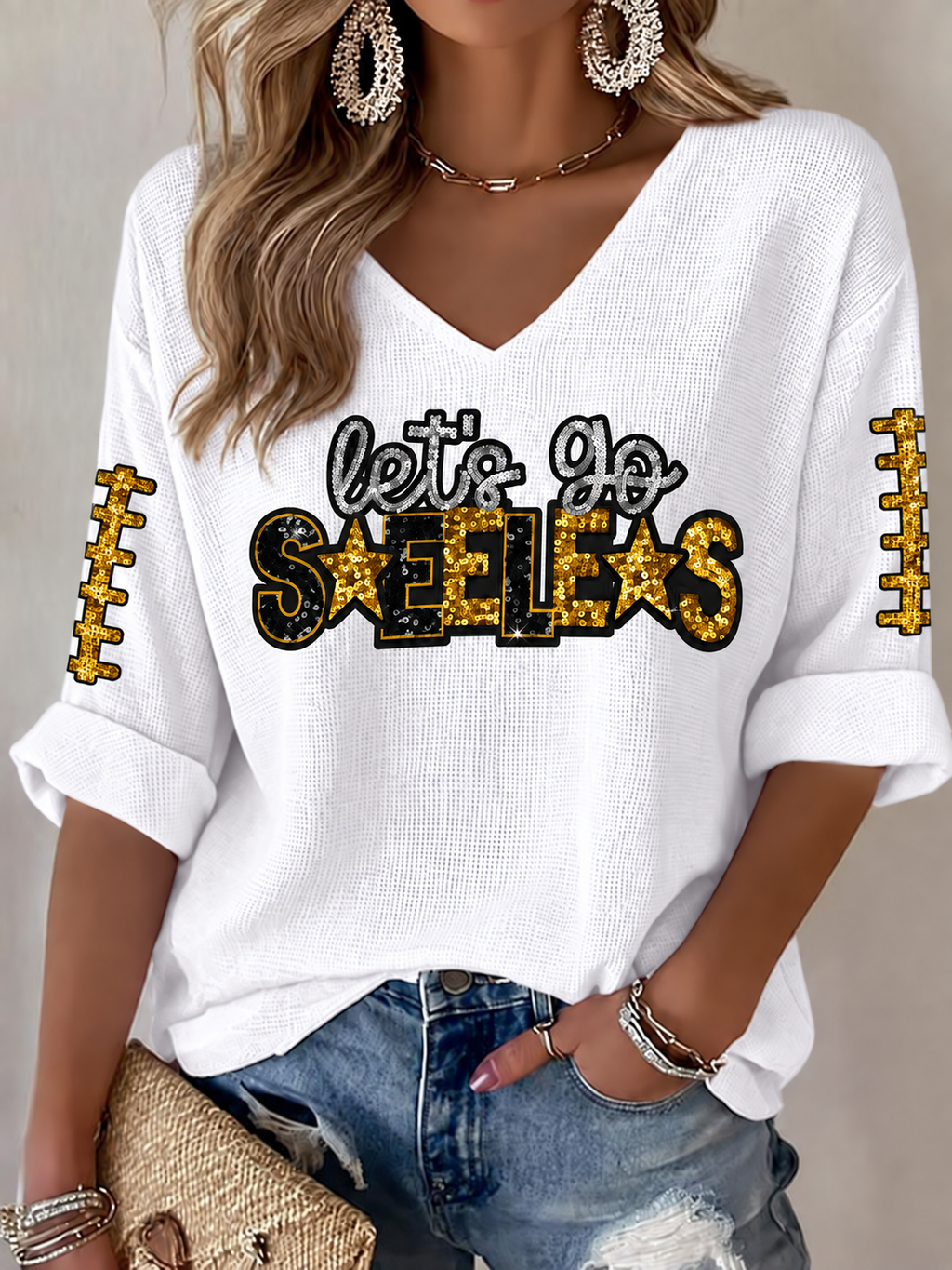 Women's Football Printed V-Neck T-Shirt
