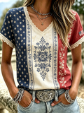 Retro American Flag Flower Element Pattern Design Casual Linen T-Shirt