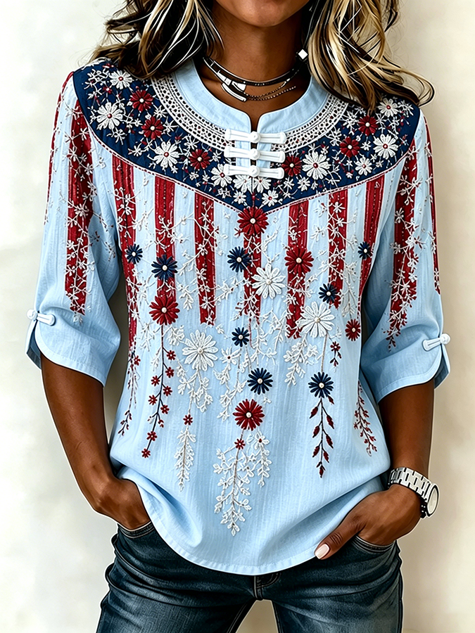 Women's National Flag Floral Print Cotton Linen Top