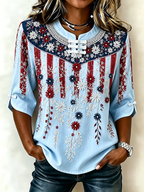 Women's National Flag Floral Print Cotton Linen Top