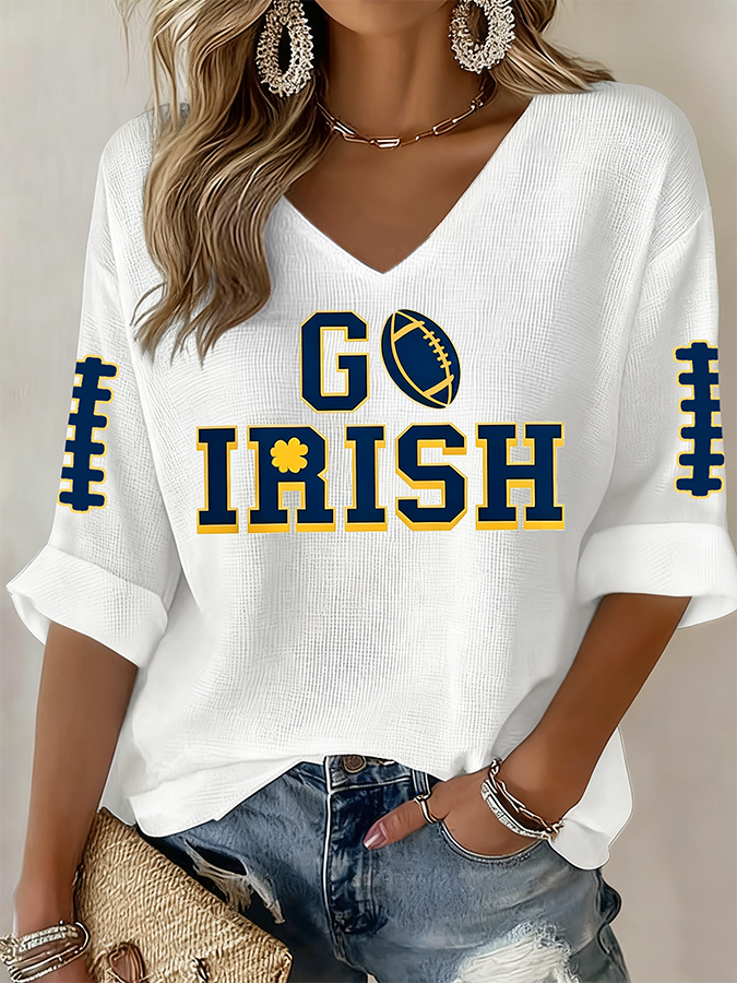 Women'S Rugby Patterned Waffle V-Neck Top