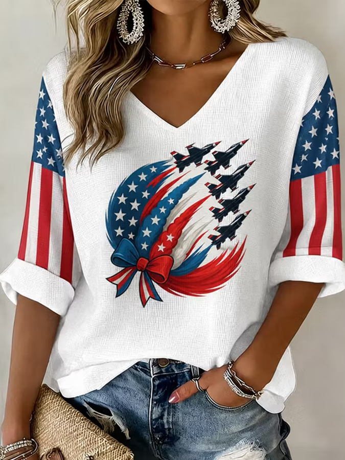 Women's American Flag Printed Casual Waffle Long Sleeve T-shirt