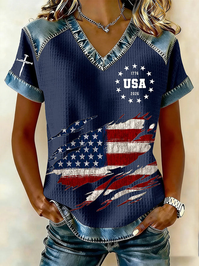 Women'S Retro American Independence Day 250Th Anniversary Printed V-Neck Short Sleeved T-Shirt
