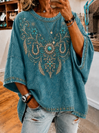 Women's Vintage Denim Print Loose Top