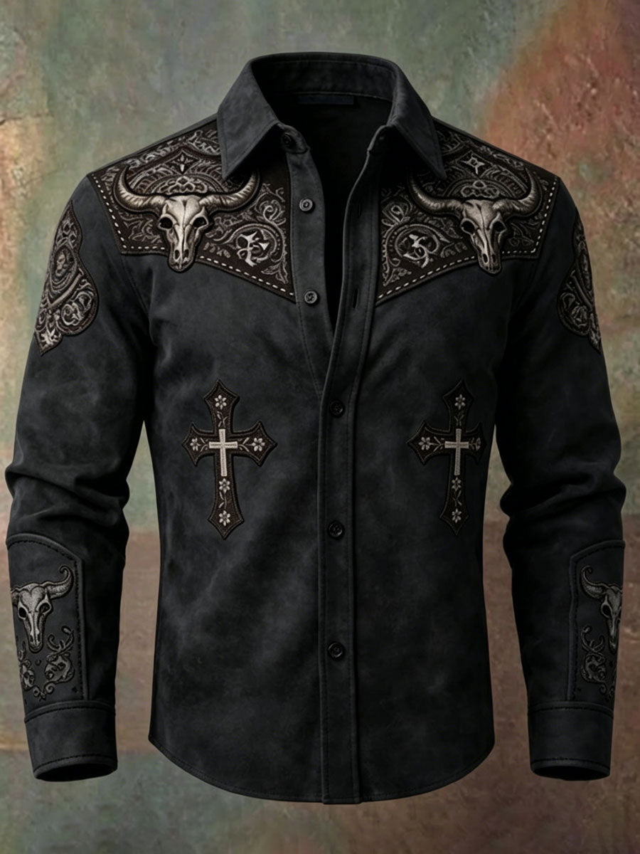 Men'S Western Style Ethnic Print Cross Pattern Long Sleeved Shirt