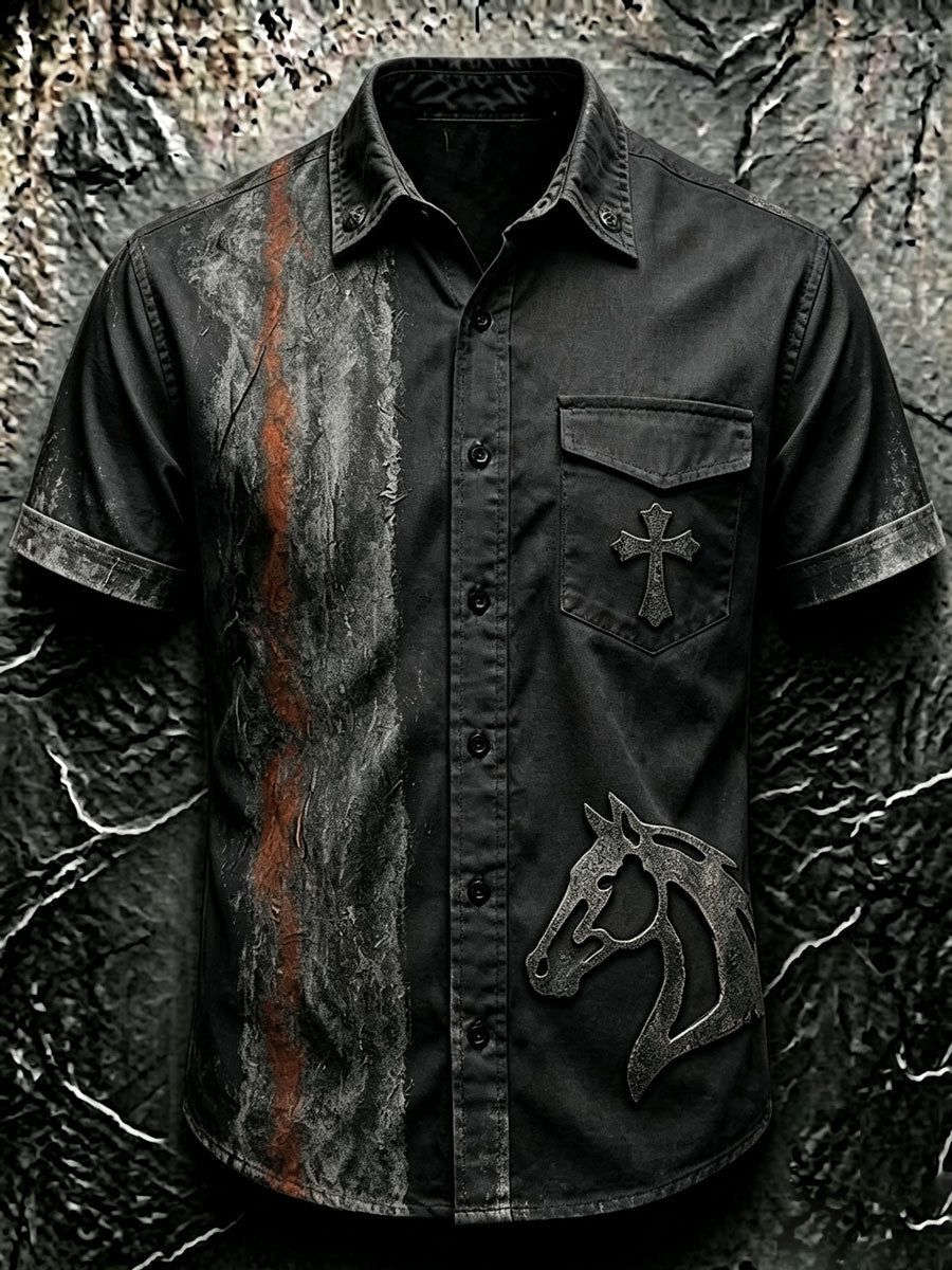 Men'S Western-Style Retro Color-Blocked Horse-Themed Short-Sleeved Shirt