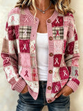 Ladies' Casual Pink Ribbon Print Knitted Cardigan Top