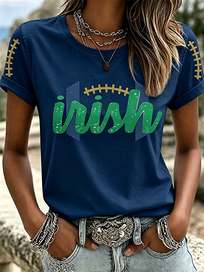 Women'S Rugby Printed Round Neck Short Sleeved T-Shirt