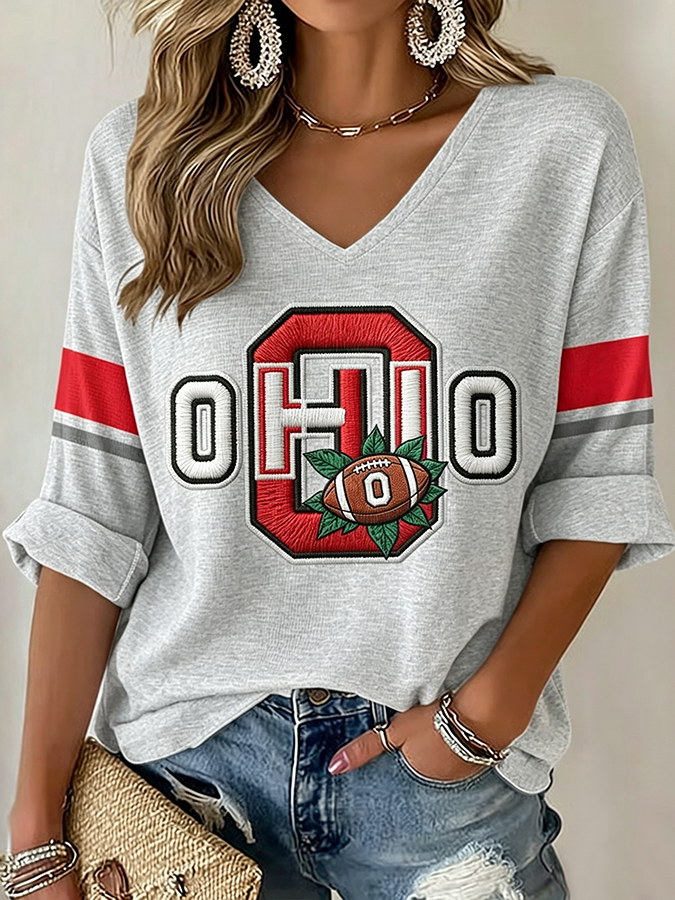 Women'S Rugby Patterned Waffle V-Neck Top