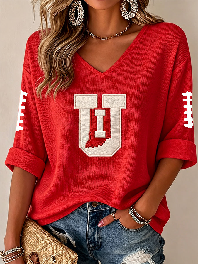Women'S Rugby Patterned Waffle V-Neck Top