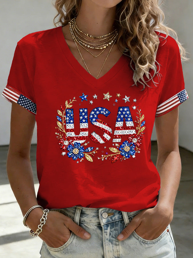 Women's Flower Independence Day Printed Casual T-shirt