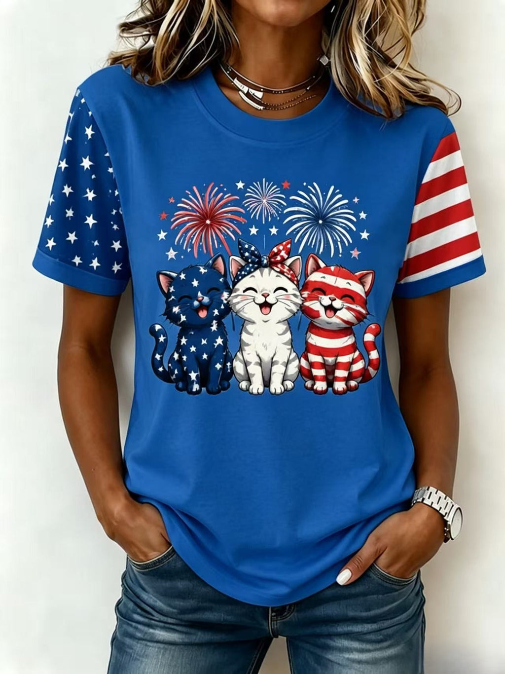 Women's American Flag Kittens Printed Casual T-shirt