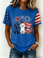 Women's American Flag Kittens Printed Casual T-shirt