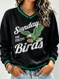 Women's Football Print V-Neck Color Block Sweatshirt