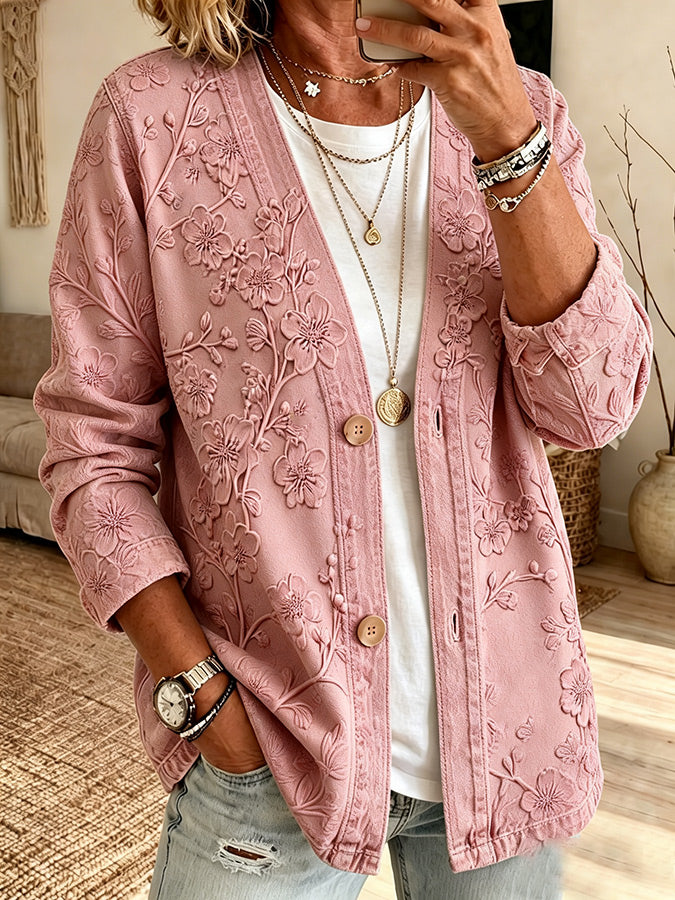 Women'S Casual Pink Floral Cardigan Top