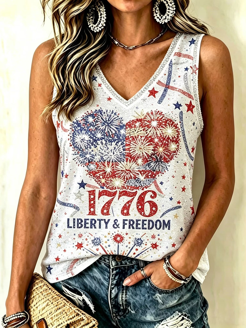 Women's Vest With American Flag And Fireworks Pattern