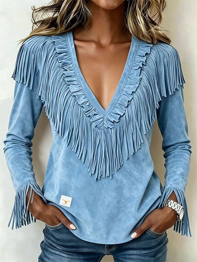 Women'S Casual Tassel Suede Autumn And Winter V-Neck Slim Fit Top