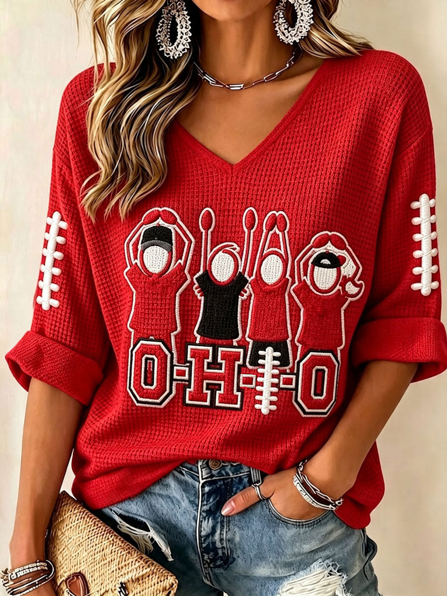 Women'S College Rugby Printed Waffle V-Neck Top