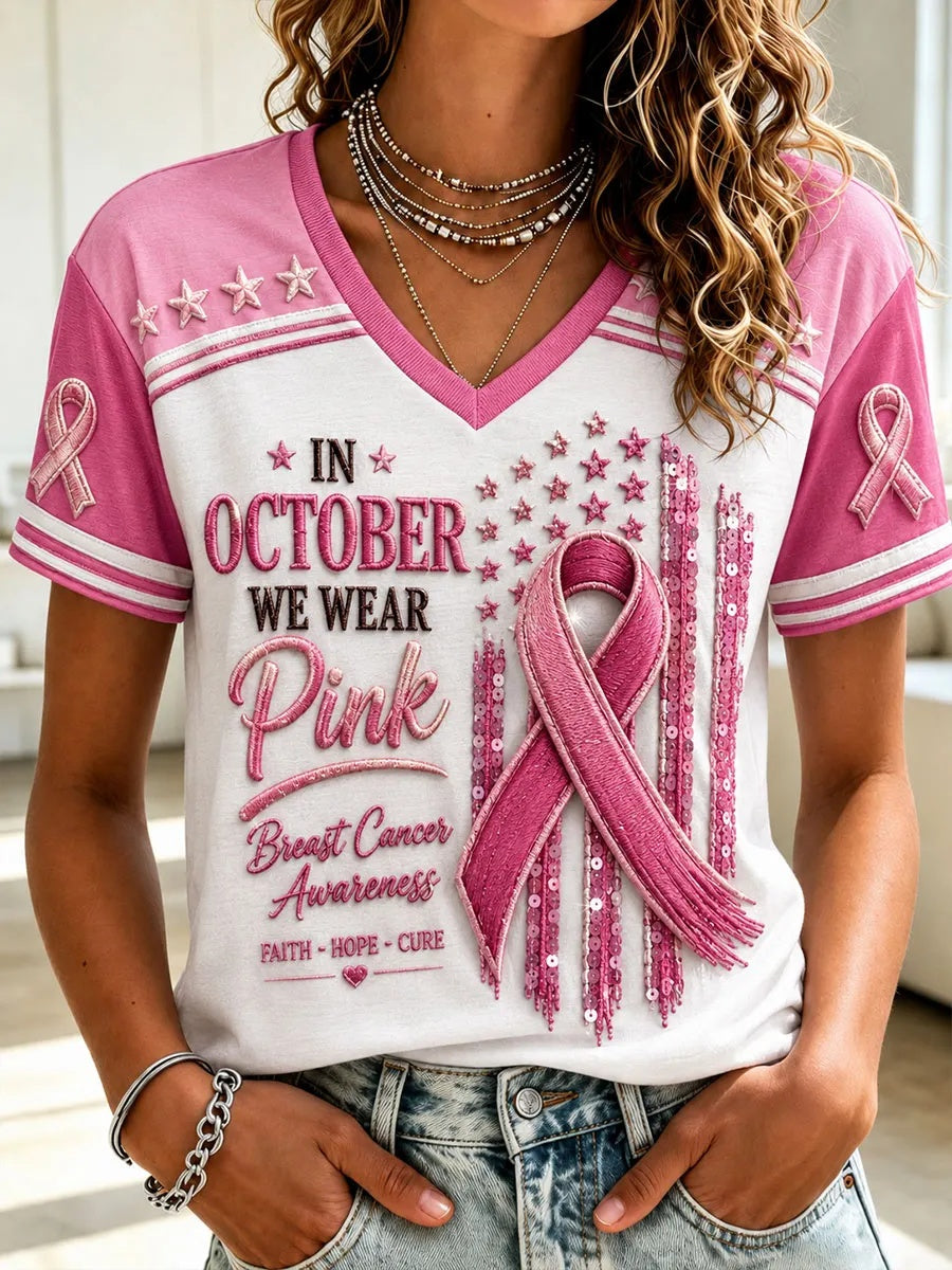 Women's Embellished Pink Ribbon Breast Cancer Awareness V-Neck T-Shirt