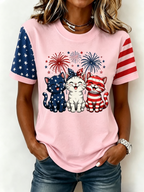 Women's American Flag Kittens Printed Casual T-shirt