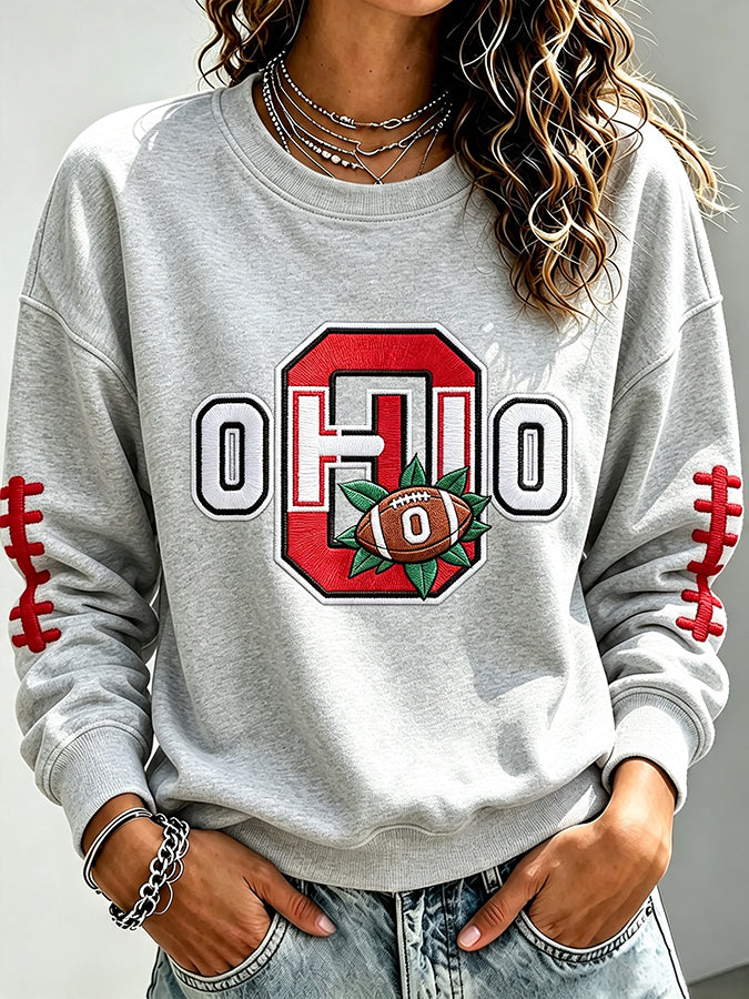 Women'S Embroidered Rugby Round Neck Top