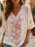 Women's V-neck lace cotton and linen top