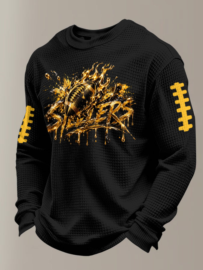 Men's Football Print Waffle Crewneck Sweatshirt