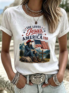 Women'S Western Style American Flag Love Jesus And American Casual Round Neck T-Shirt