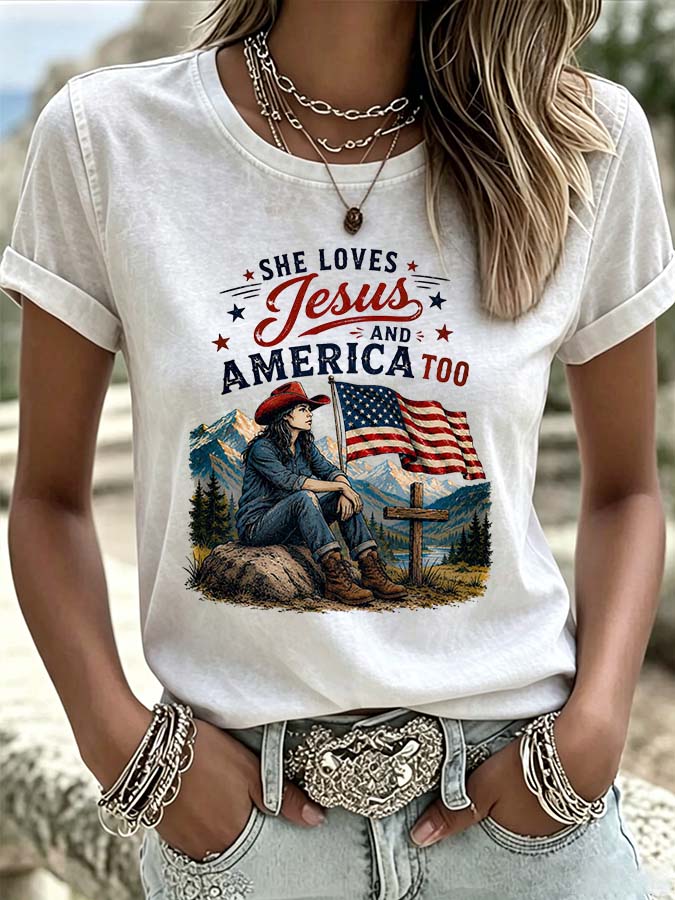 Women'S Western Style American Flag Love Jesus And American Casual Round Neck T-Shirt
