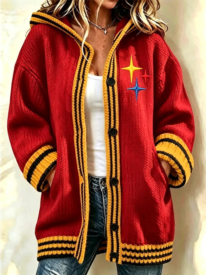 Women'S Football Printed Casual Knitted Hooded Cardigan