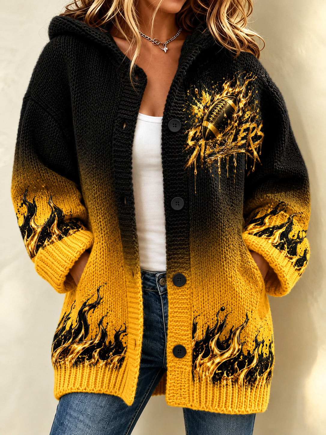 Women'S Football Printed Casual Knitted Hooded Cardigan