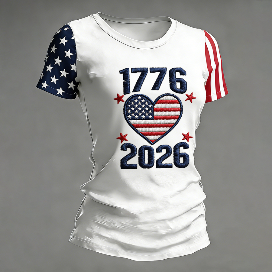 Women's American Flag Raglan Sleeve Embroidered 1776-2026 T-Shirt