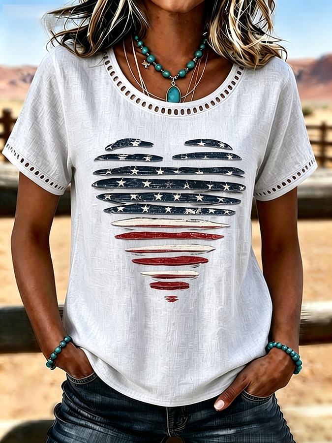 Women'S Casual Cotton And Linen Heart-Shaped Hollow T-Shirt