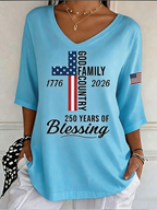 Women's God Family Country Flag Cross V Neck 3/4 Sleeve Casual Tee