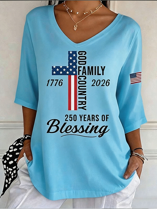 Women's God Family Country Flag Cross V Neck 3/4 Sleeve Casual Tee
