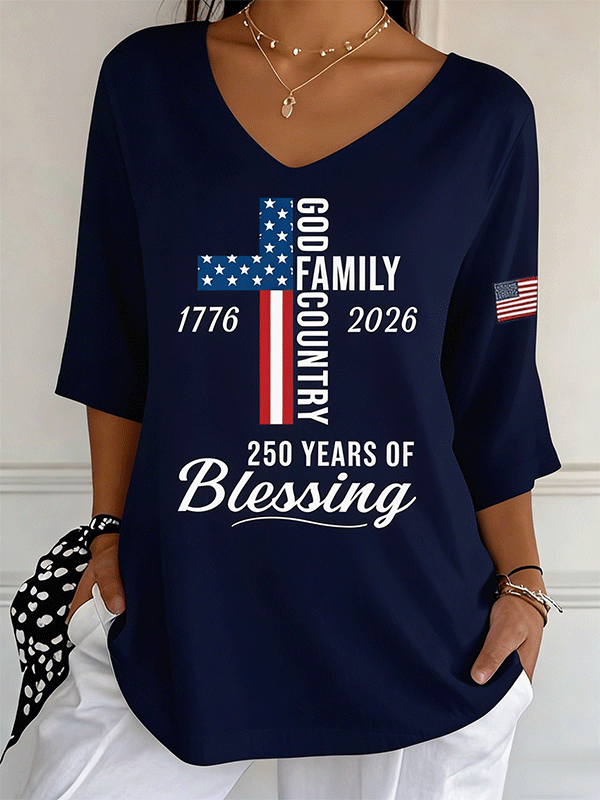 Women's God Family Country Flag Cross V Neck 3/4 Sleeve Casual Tee