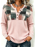 Women'S Checkered Patchwork Contrasting Henley Button Knit Top