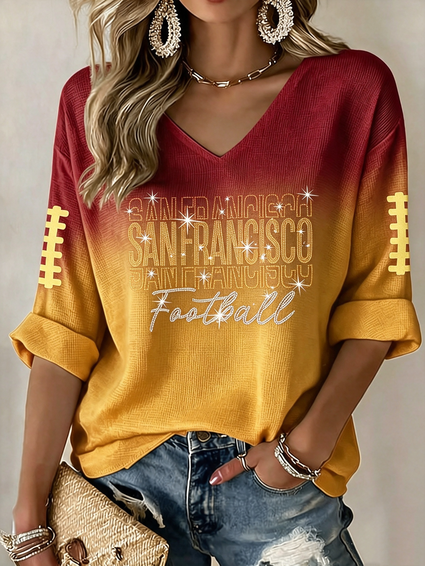 Women'S Football  Print Waffle  Top